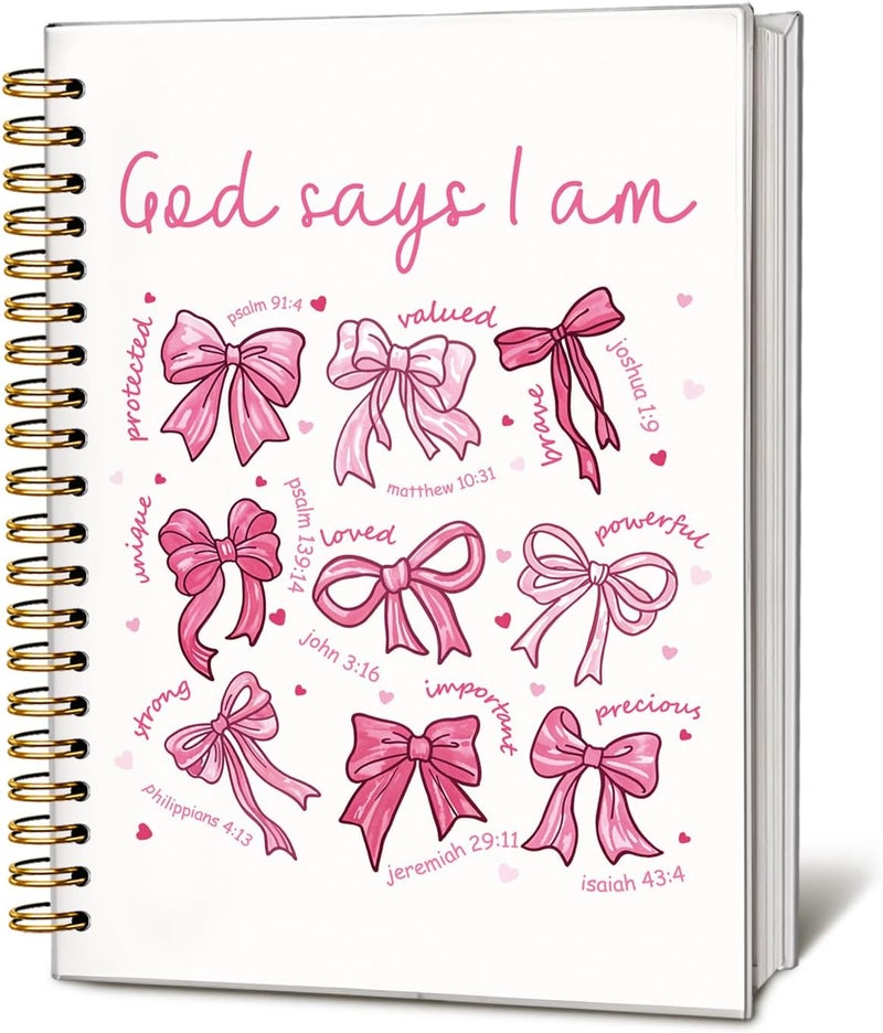 WLIANG Coquette Pink Bow Christian Notebook, God Says I am Christian Journal for Women, Bible Journal, Church Notes Notebook, Hardcover Spiral Notebook Journal 80 Sheets -160 Pages 5.5x8.3 Inch - Image 1